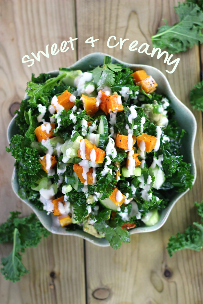 A roasted butternut squash kale salad with a creamy maple tahini dressing. A delicious vegan salad recipe to get your greens in even during the colder months!