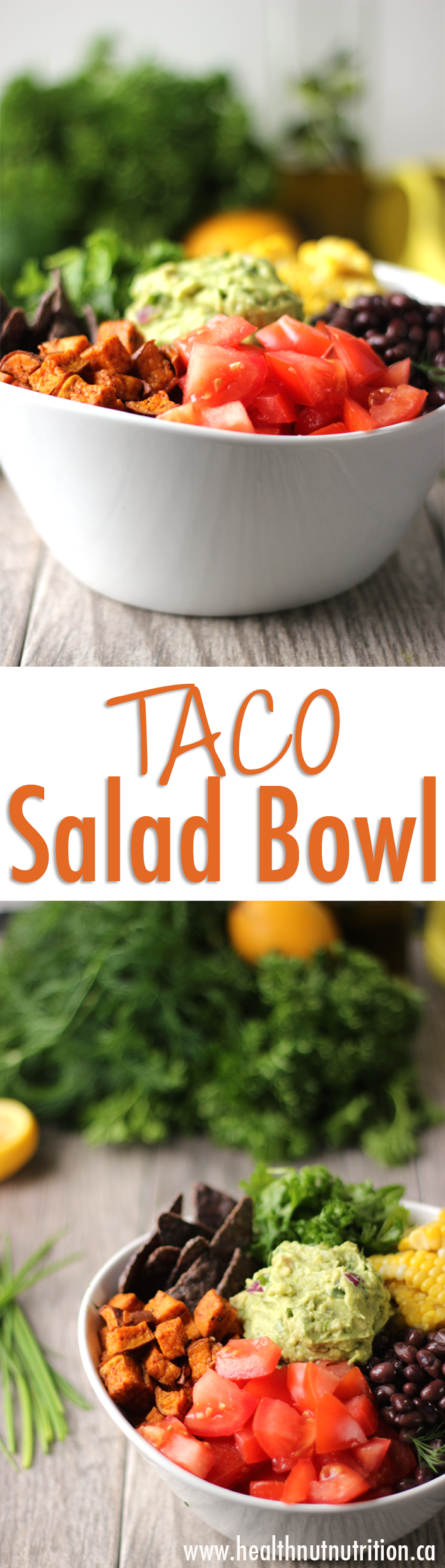 A healthy taco salad bowl with a creamy ranch hemp dressing.