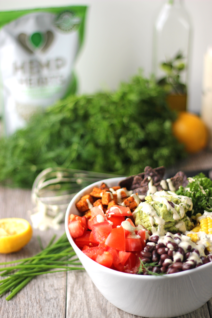 A healthy taco salad bowl with a creamy ranch hemp dressing.