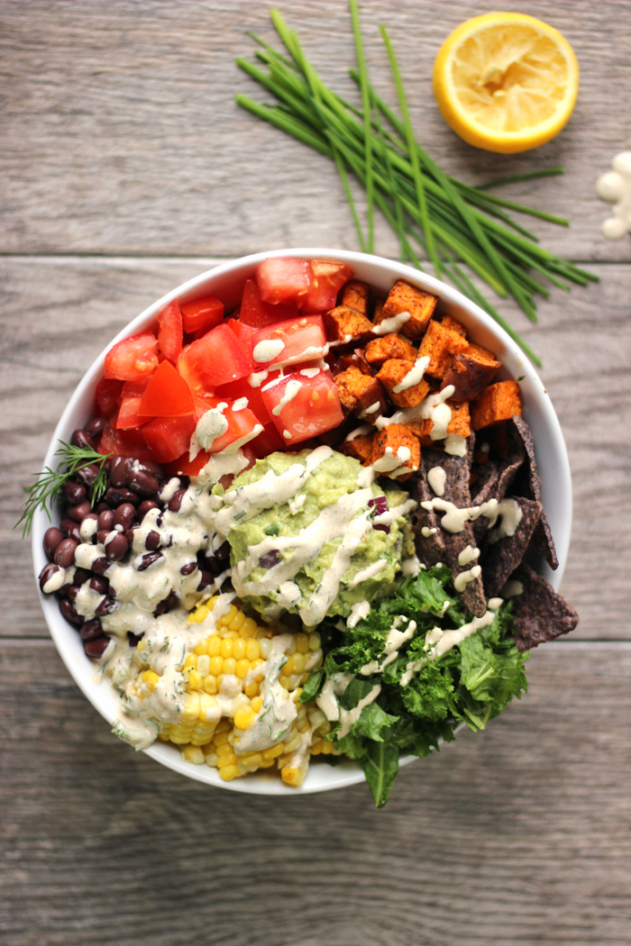 A healthy taco salad bowl with a creamy ranch hemp dressing.