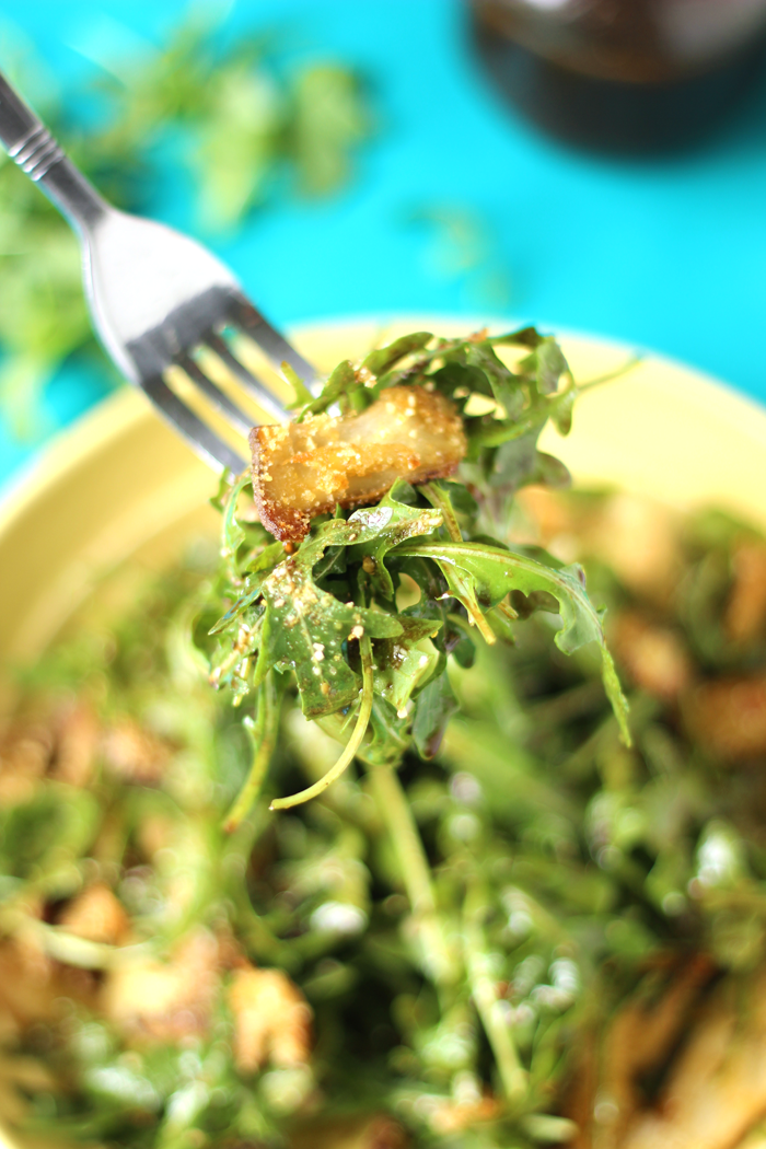 This savoury Warm Crispy Mushroom Arugula Salad takes less than 30 min to prep and will be the fanciest looking dish at your next dinner party! 