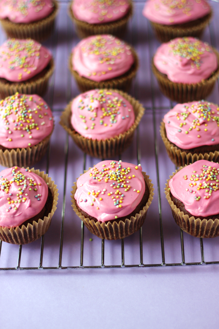 Healthy Gluten Free Double Chocolate Cupcakes with a Dairy Free Pink Buttercream Frosting