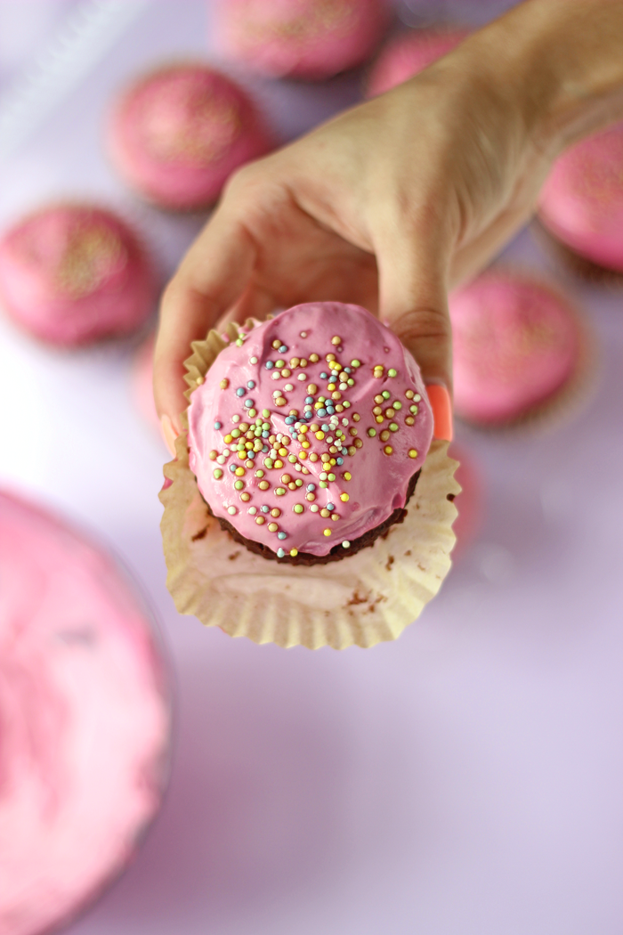 Healthy Gluten Free Double Chocolate Cupcakes with a Dairy Free Pink Buttercream Frosting