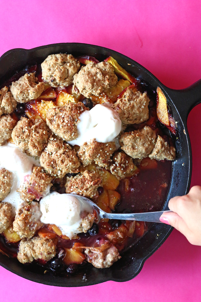 EASY & HEALTHY Blueberry Peach Cobbler with a Pecan + Hemp Biscuit topping!!