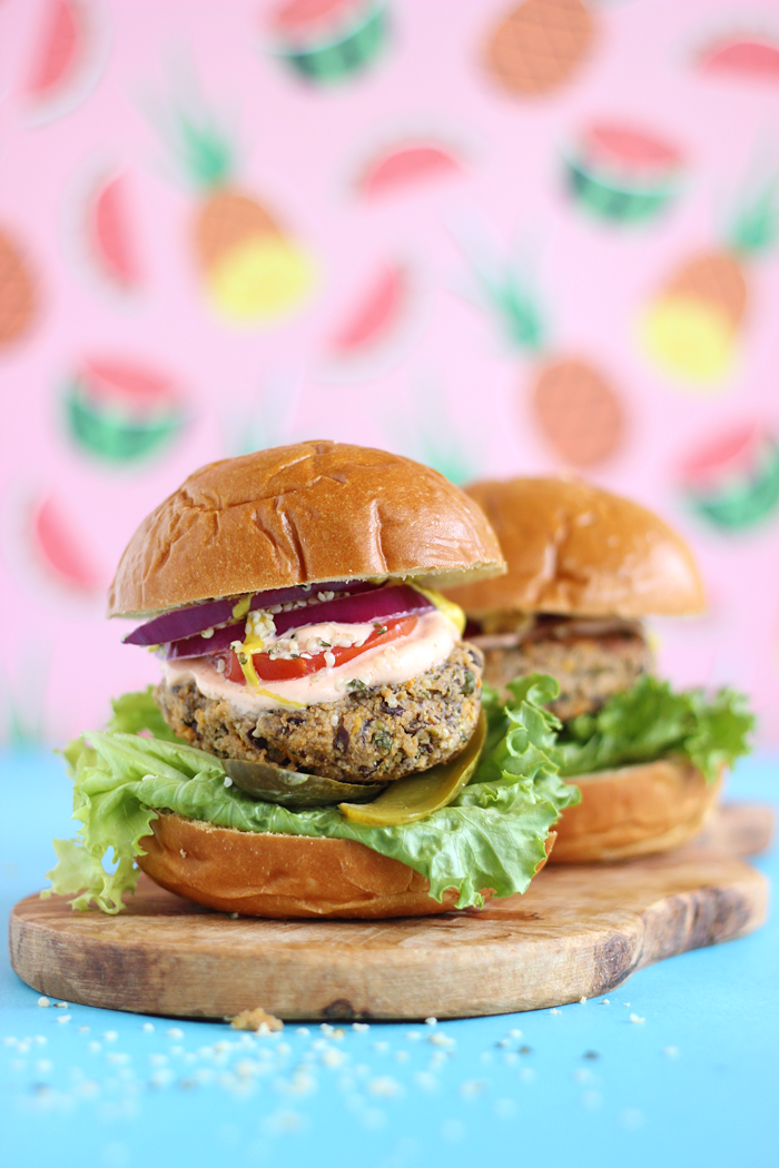 Hearty and flavourful, these veggie burgers are made from black beans, sweet potatoes, mushrooms, and Hemp Hearts to make the perfect patties for your summer grill.