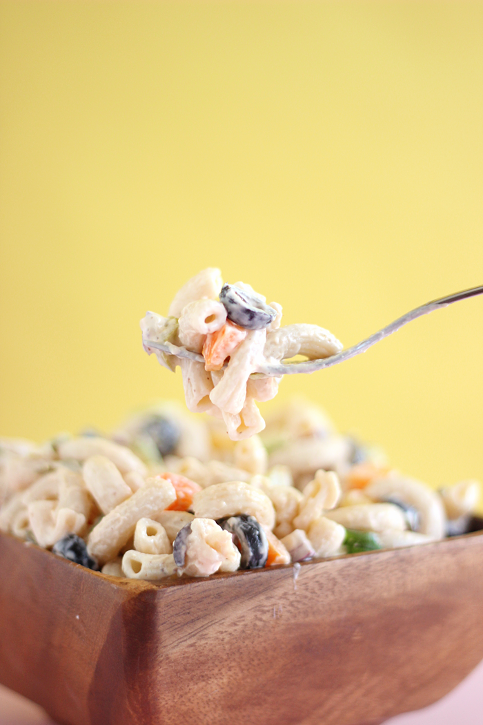 This dairy & gluten free chilled BIG Macaroni salad is both creamy and tangy and the perfect companion to all your BBQ’s this summer.