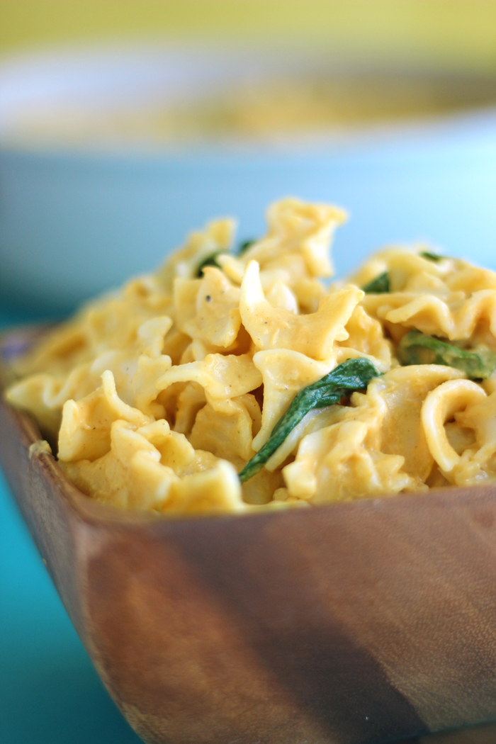 Alfredo just got a makeover! This Dairy-Free Pumpkin Alfredo is a super easy pasta dish, smothered in a delicious pumpkin Alfredo sauce and tossed with steamed spinach.