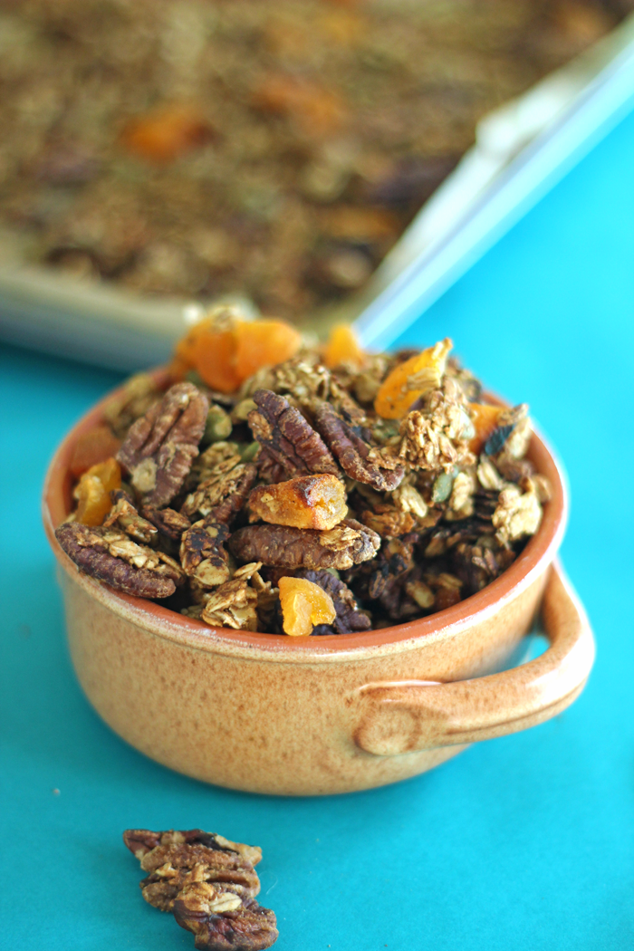 Gluten Free, crunchy Spiced Pumpkin Pie Granola; this fall inspired snack is perfect for cereal, yogurt parfaits or straight up snacking!