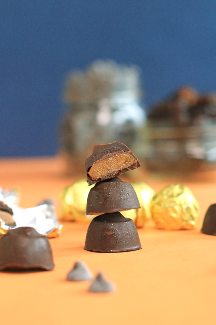 Easy one bite homemade chocolate caramel “Rolos” with a date caramel center covered in chocolate. |HEALTHNUT NUTRITION|