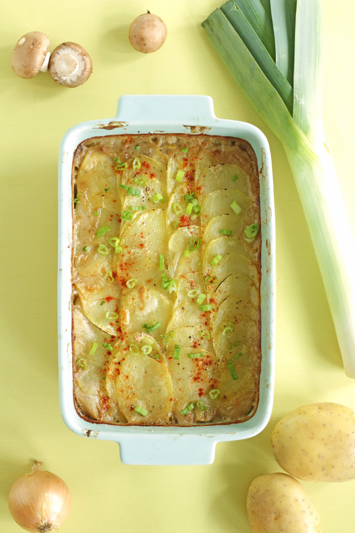 A creamy, dairy-free mushroom and leek twist on your classic scalloped potatoes casserol