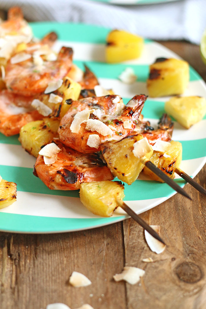 Sweet and tangy Pineapple and Shrimp Kebabs with coconut and lime. 