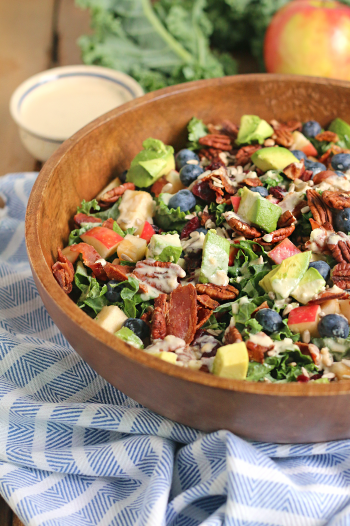 The perfect Kale Salad with apple chunks, crispy bacon and a creamy Maple Tahini Dressing! GF & DF! 