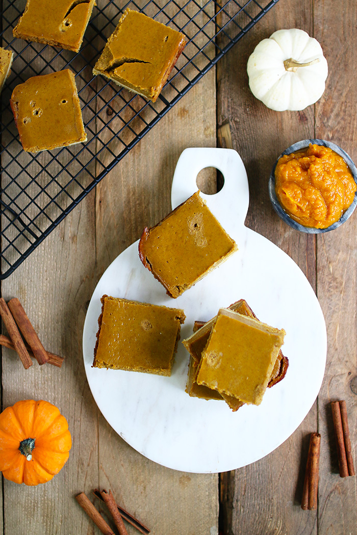 EASY & HEALTHY Pumpkin Pie Squares with a crisp chewy almond and coconut gluten free crust. 