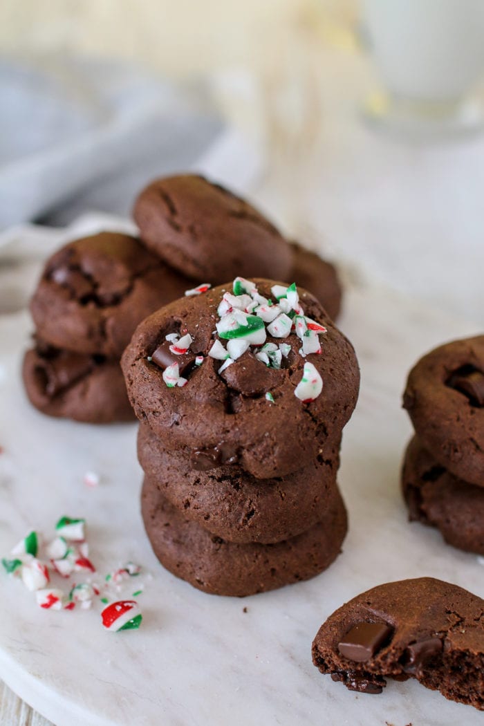 Double chocolate peppermint cookies loaded with chocolate chunks and refreshing peppermint are super easy to make and perfect for your next holiday cookie exchange!