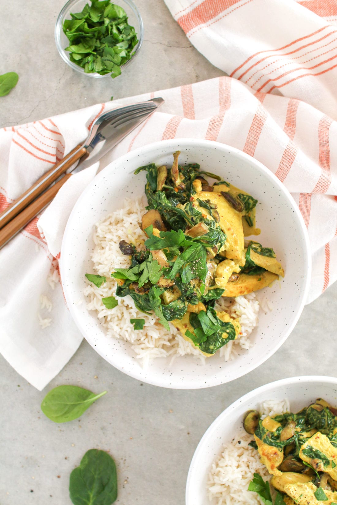 Chicken breasts smothered in a creamy dairy-free mushroom sauce is a delicious meal that’s ready in 10 minutes!