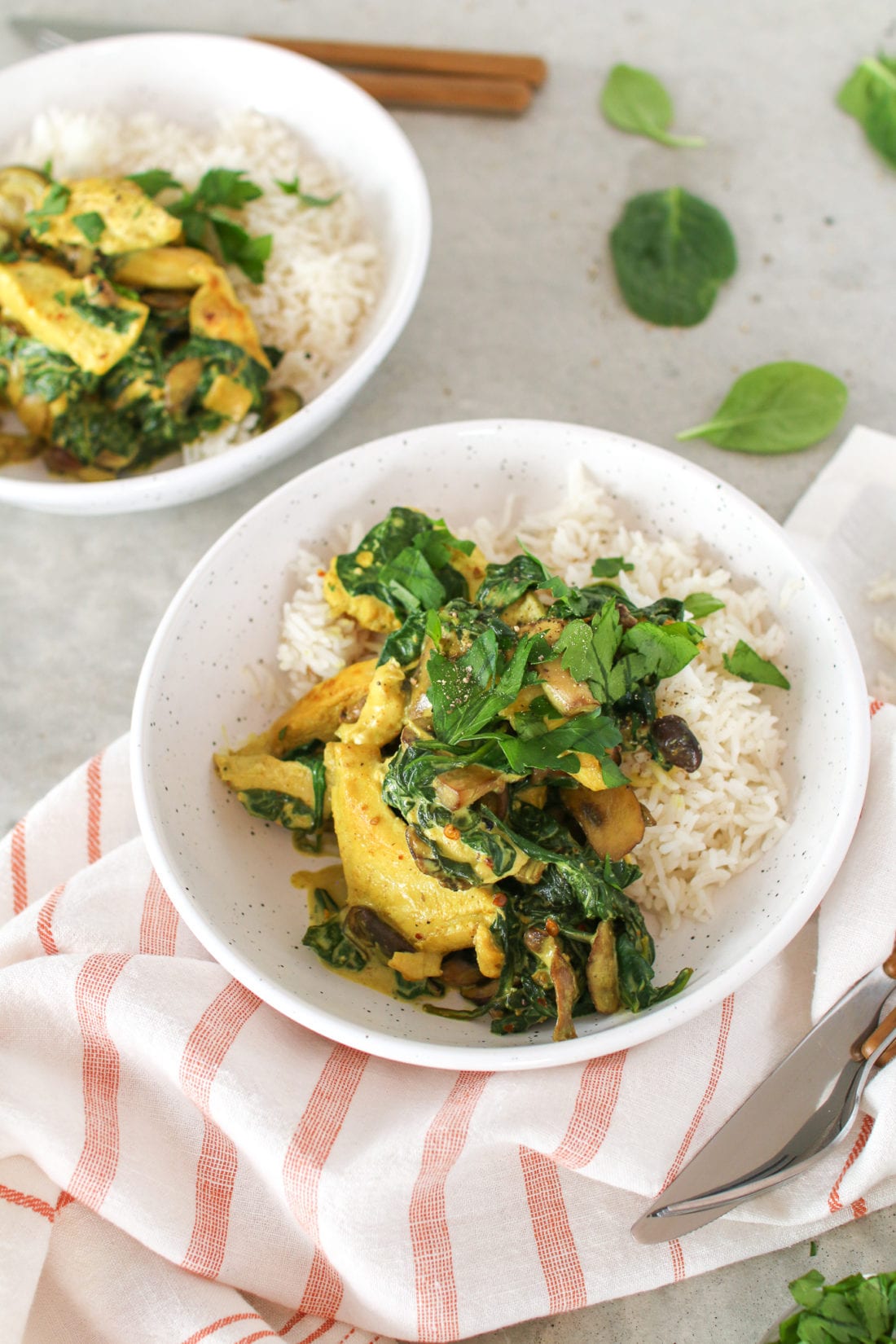 Chicken breasts smothered in a creamy dairy-free mushroom sauce is a delicious meal that’s ready in 10 minutes!