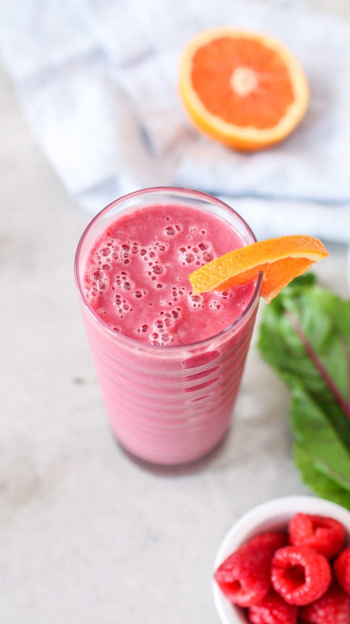 This pretty in pink vibrant beet, berry and orange smoothie is packed full of veggie and immune-boosting Vitamin C and antioxidants for a burst of nutrients to start your day!