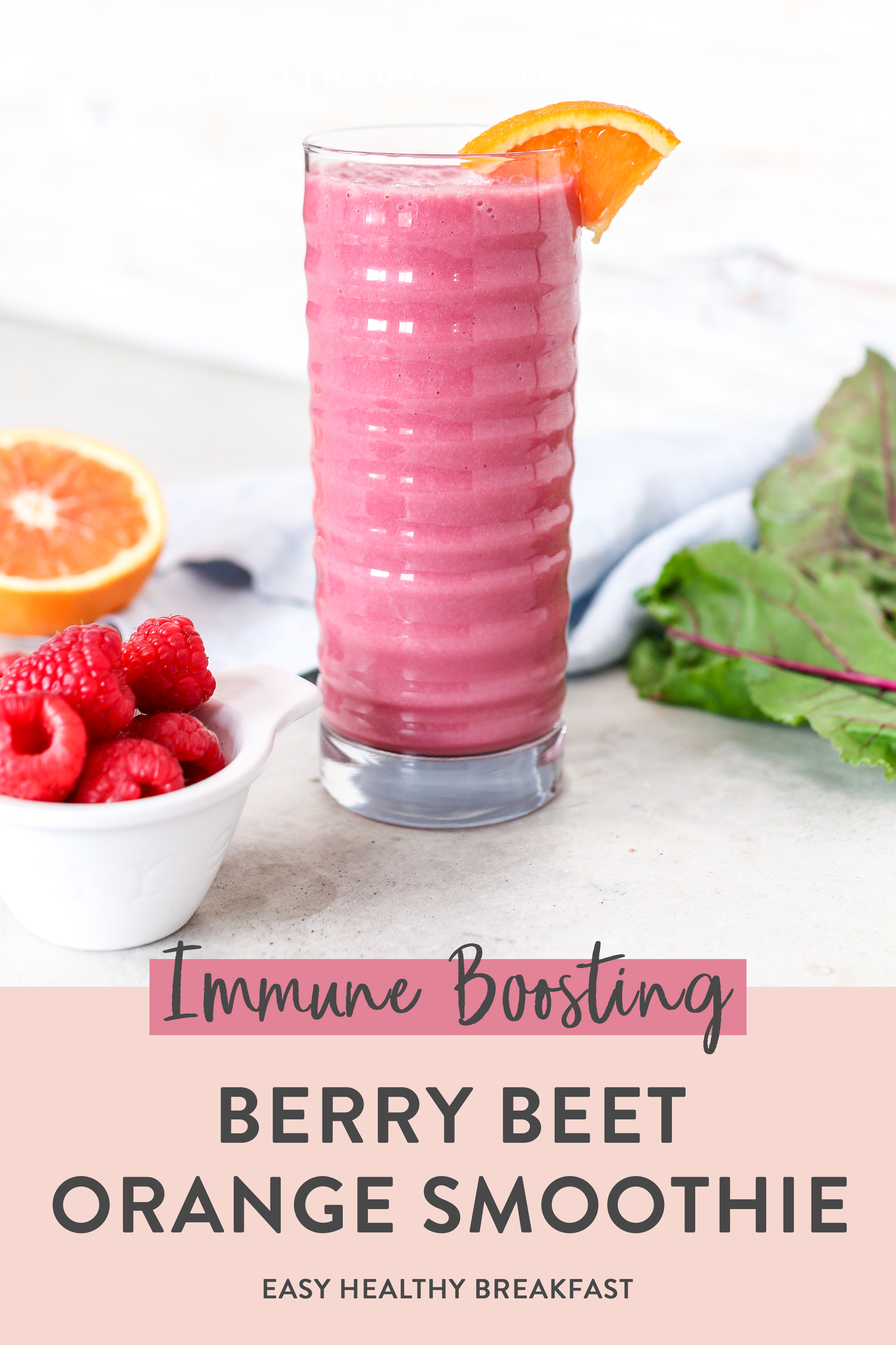 This pretty in pink vibrant beet, berry and orange smoothie is packed full of veggie and immune-boosting Vitamin C and antioxidants for a burst of nutrients to start your day!