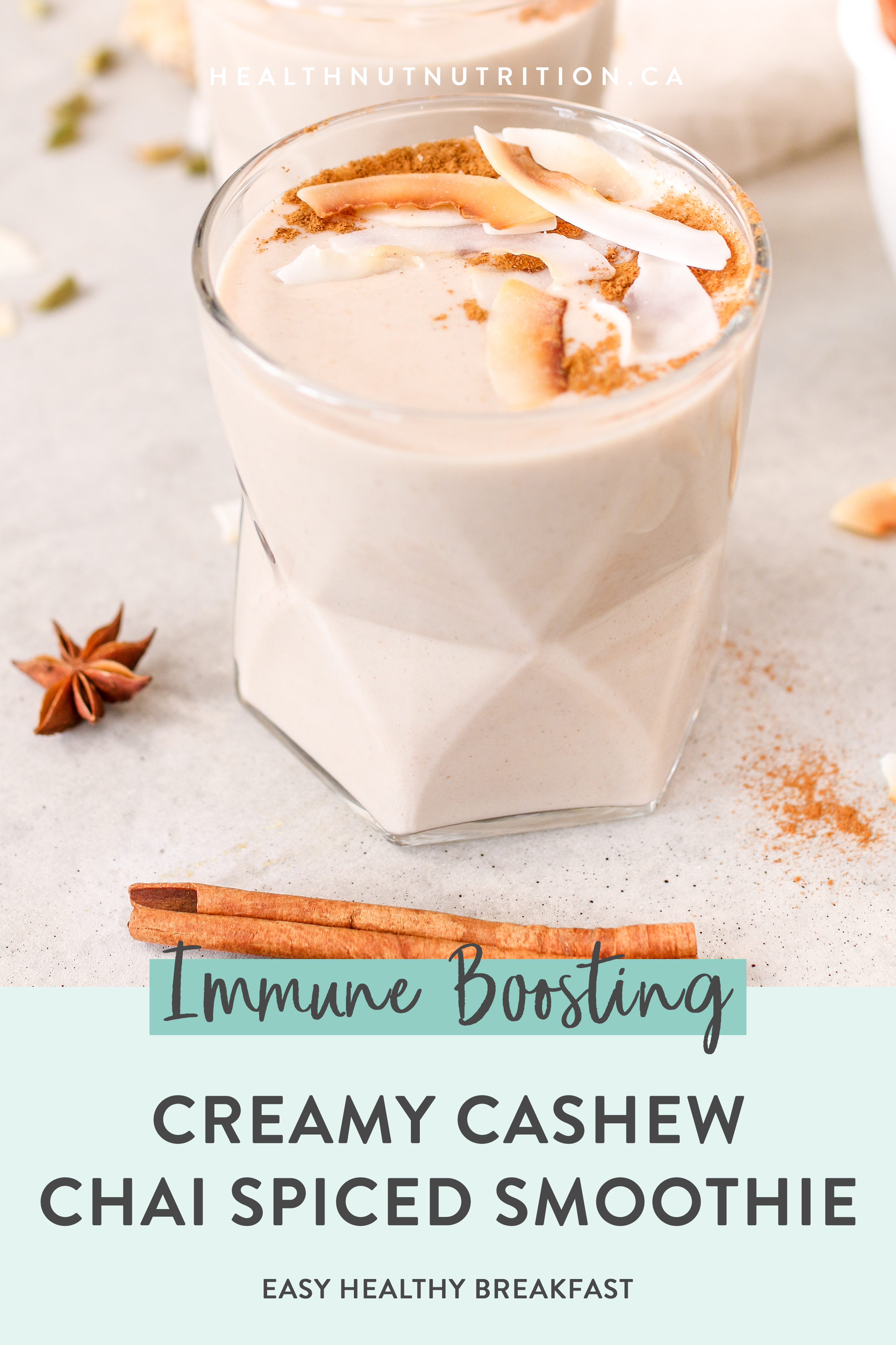 This Cashew Chai Spiced Smoothie is so creamy with warming spices like cinnamon, cardamom, nutmeg, and ginger. Ready in 5 minutes, this latte inspired smoothie for breakfast never looked so cozy!