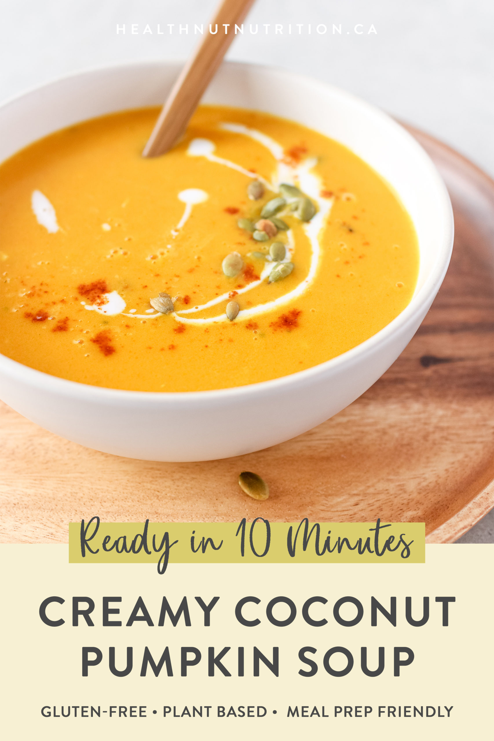 This rich and Creamy Coconut Pumpkin Soup made with pumpkin purée and coconut milk is packed full of flavour and ready in 10 minutes! 