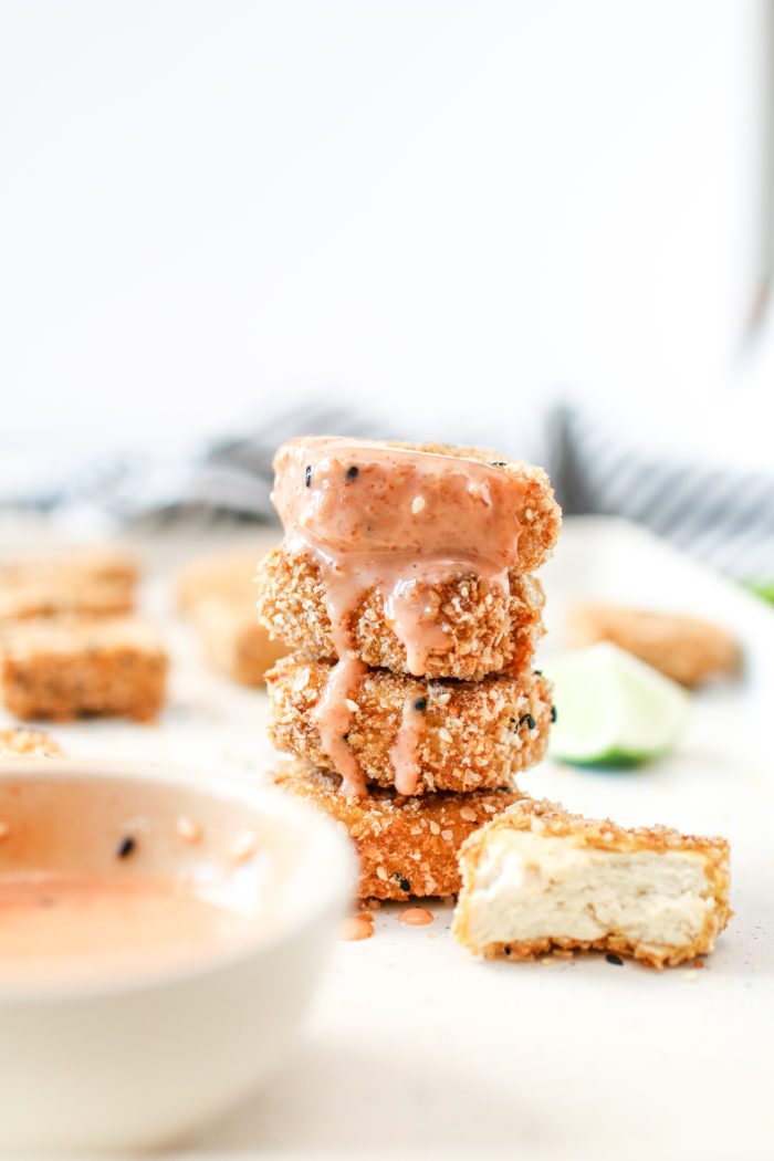 These gluten-free crispy baked tofu nuggets are crispy on the outside and tender on the inside. Dipped into your favourite sauce - it’s the perfect bite-size dunkable appetizer or snack that everyone will love.