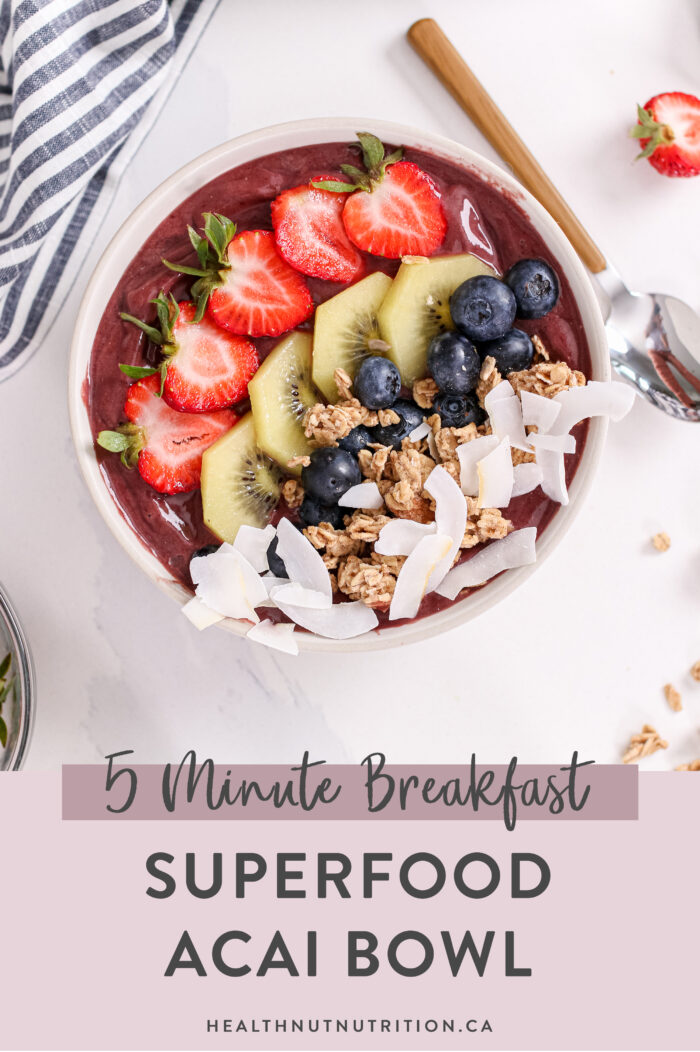 This superfood acai bowl is a healthy sweet treat that is ready in 5 minutes, and the perfect breakfast for a hot and humid summer day!