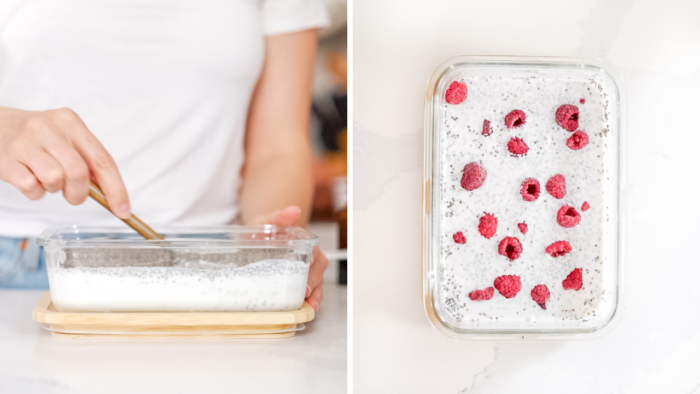 chia seed pudding with raspberries in a glass container