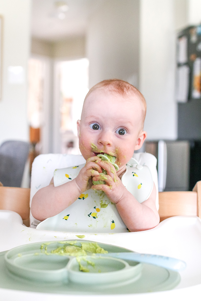 6 month old eating mashed up greens