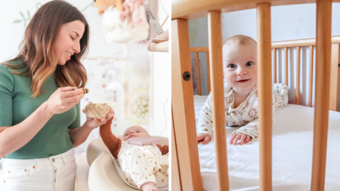 a split photo showing a mother adding essential oils to clay diffuser balls, and a 6 month old baby in her cot