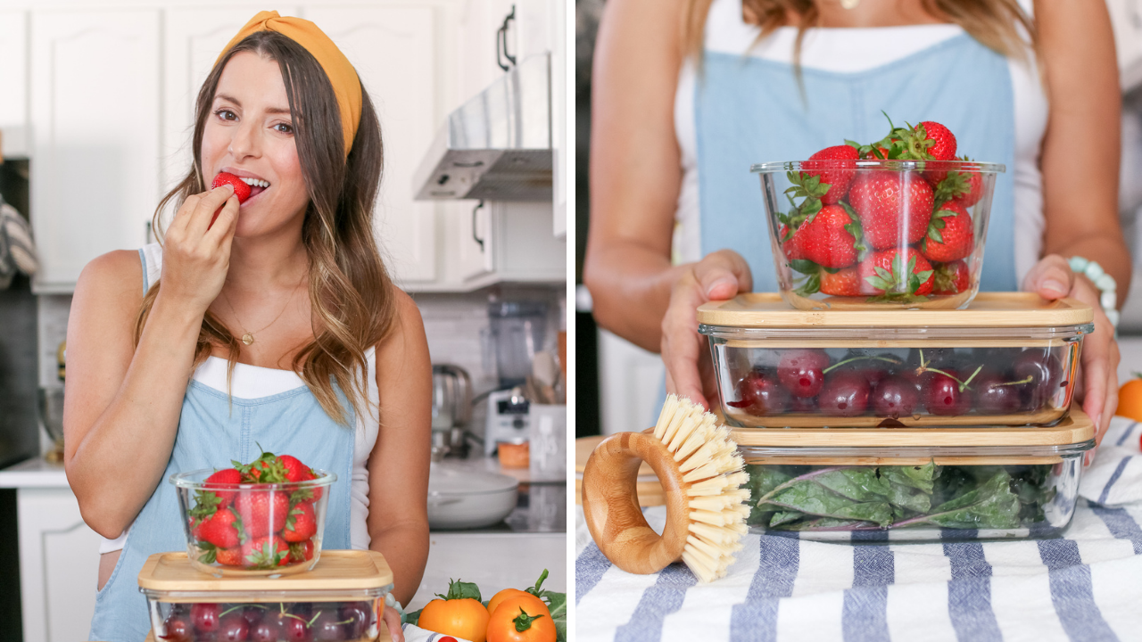 woman wearing blue top eating strawberries out of glass containers