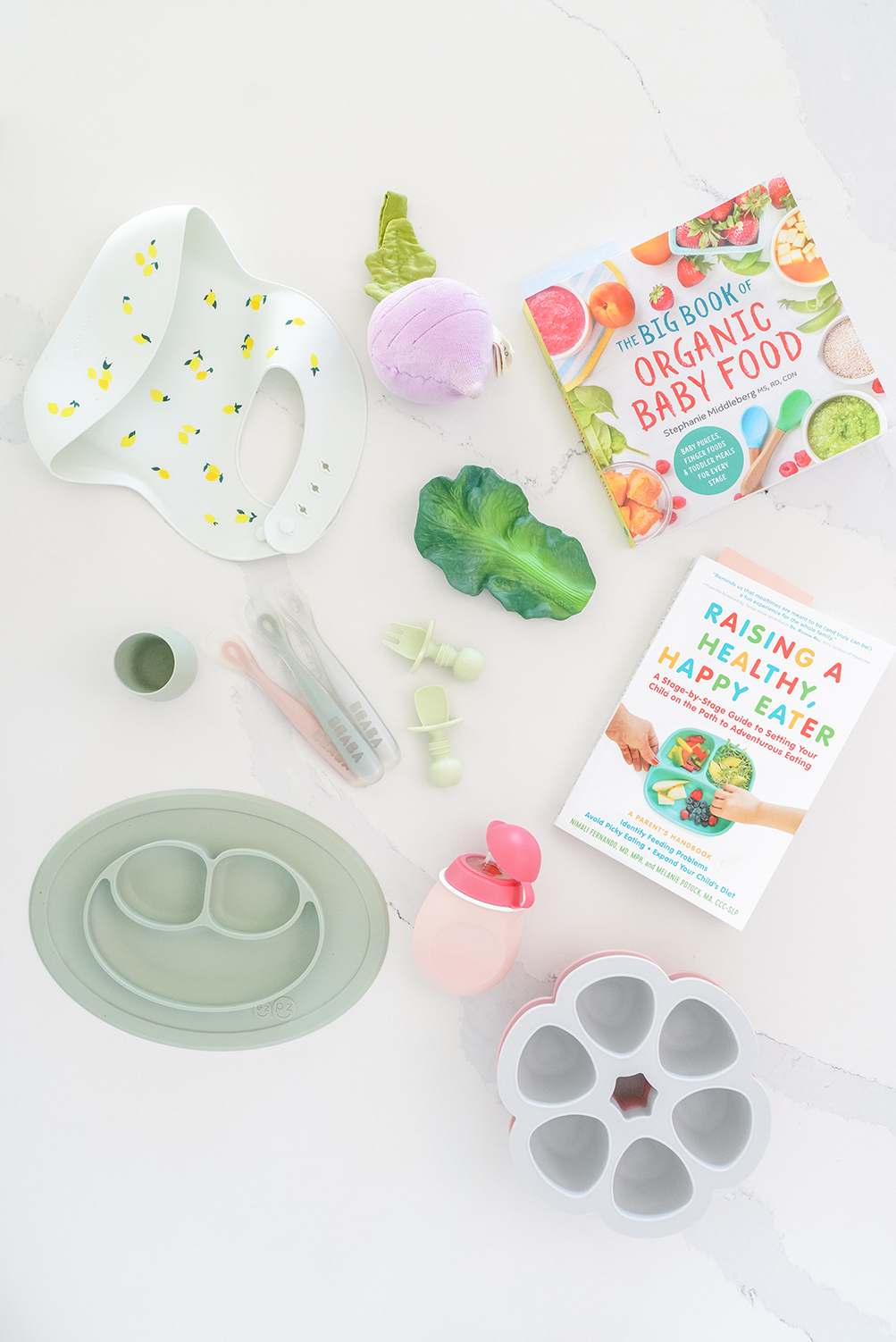 a flat lay of baby food resources including baby utensils and baby cook books