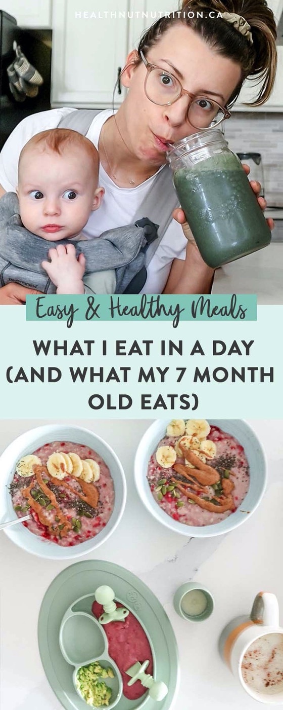 a split photo for pinterest of a mom drinking a smoothie and two bowls of oatmeal