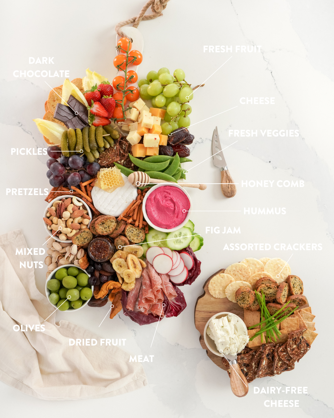 a grazing board of finger foods on a white table cloth, with white text around explaining what's on the board