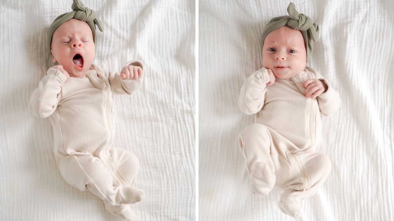 a split photo of a newborn baby yawning