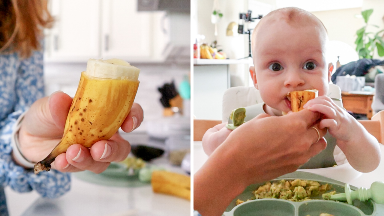 a split photo showing a baby led weaning banana and a 7 month old baby eating purees