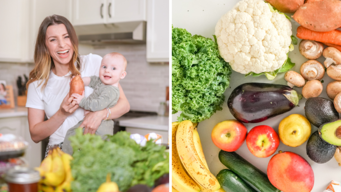 a split photo showing a woman in the kitchen with her baby, and a collection of fresh fruits and vegetables