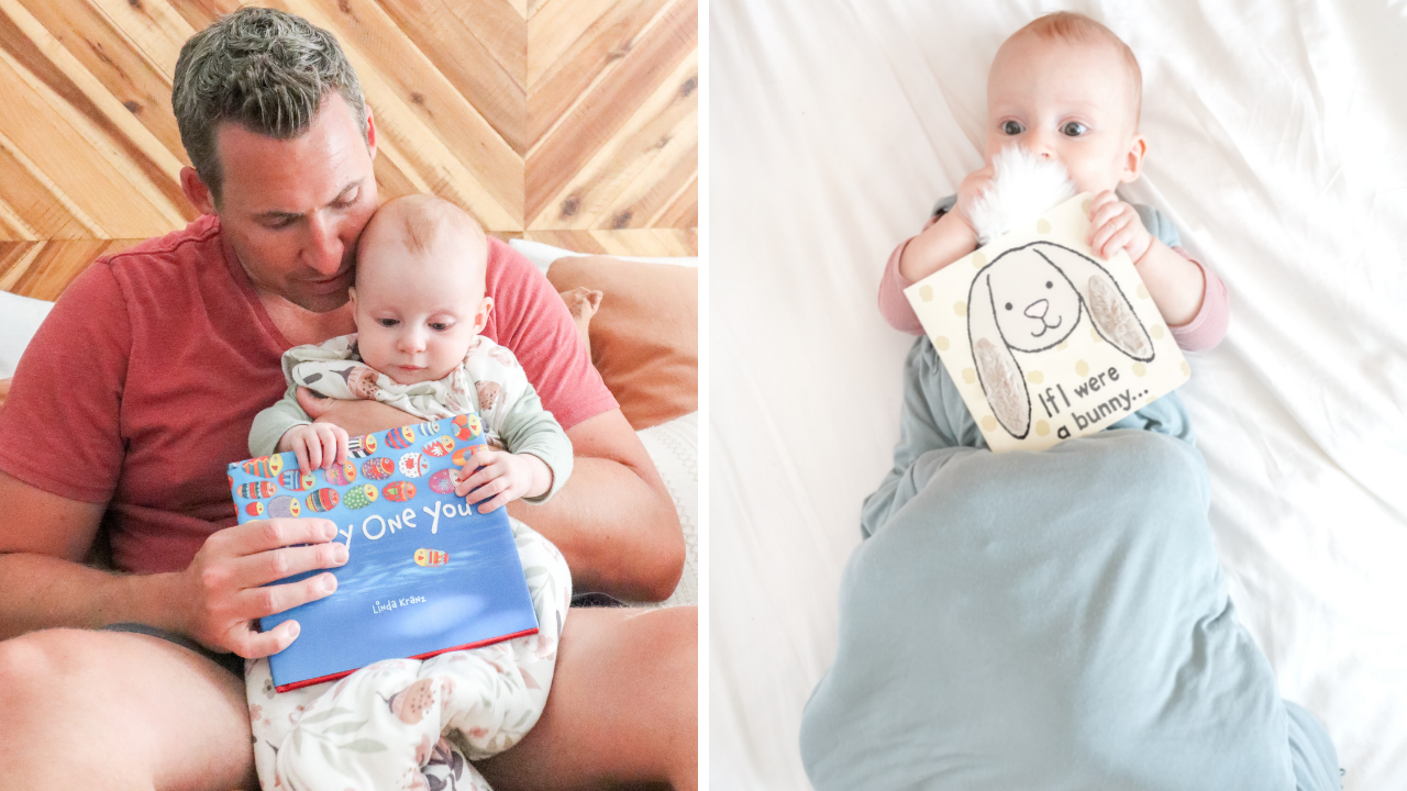a split photo showing a dad reading to his baby, and a baby wrapped in a swaddle playing with a book