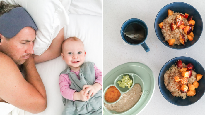 Split photo showing a mother and baby, and three bowls of breakfast