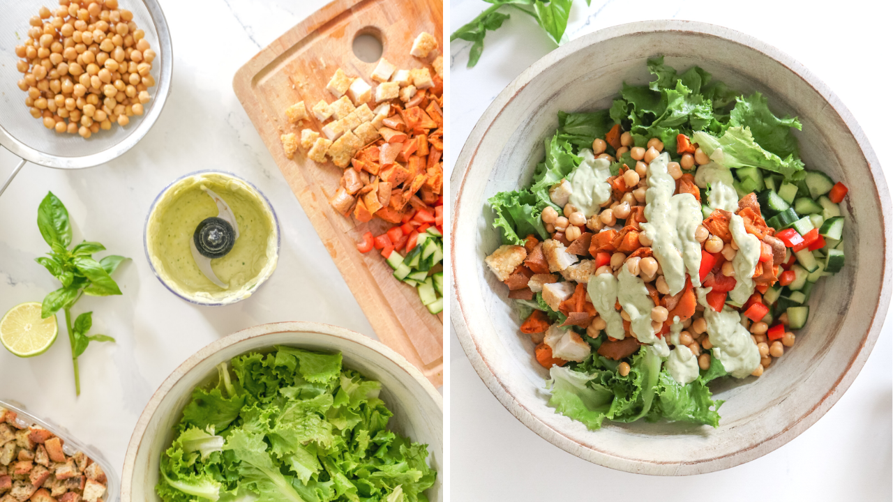 split photo of salad prep and a bowl of salad