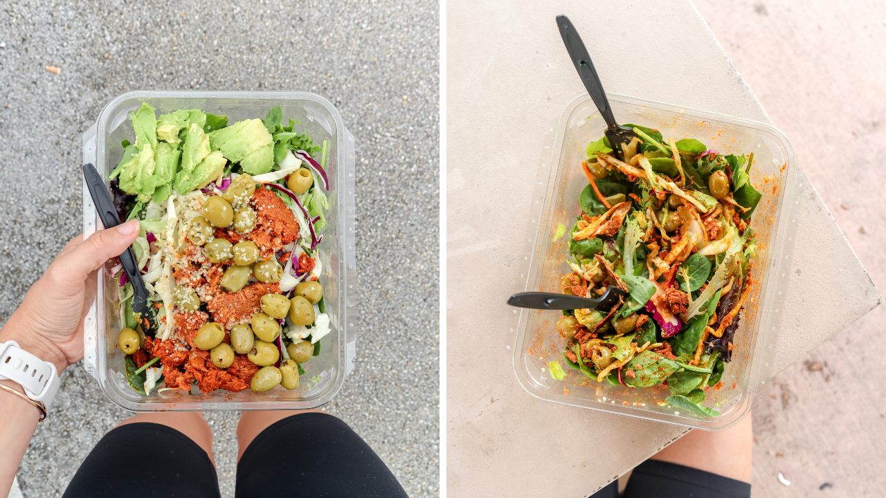 a split photo showing two different on the go salads